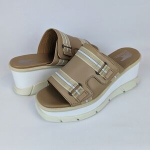 Sorel Joanie III Leather Slide Sandal Platform Wedge Adjustable Vamp Beige 8 NIB